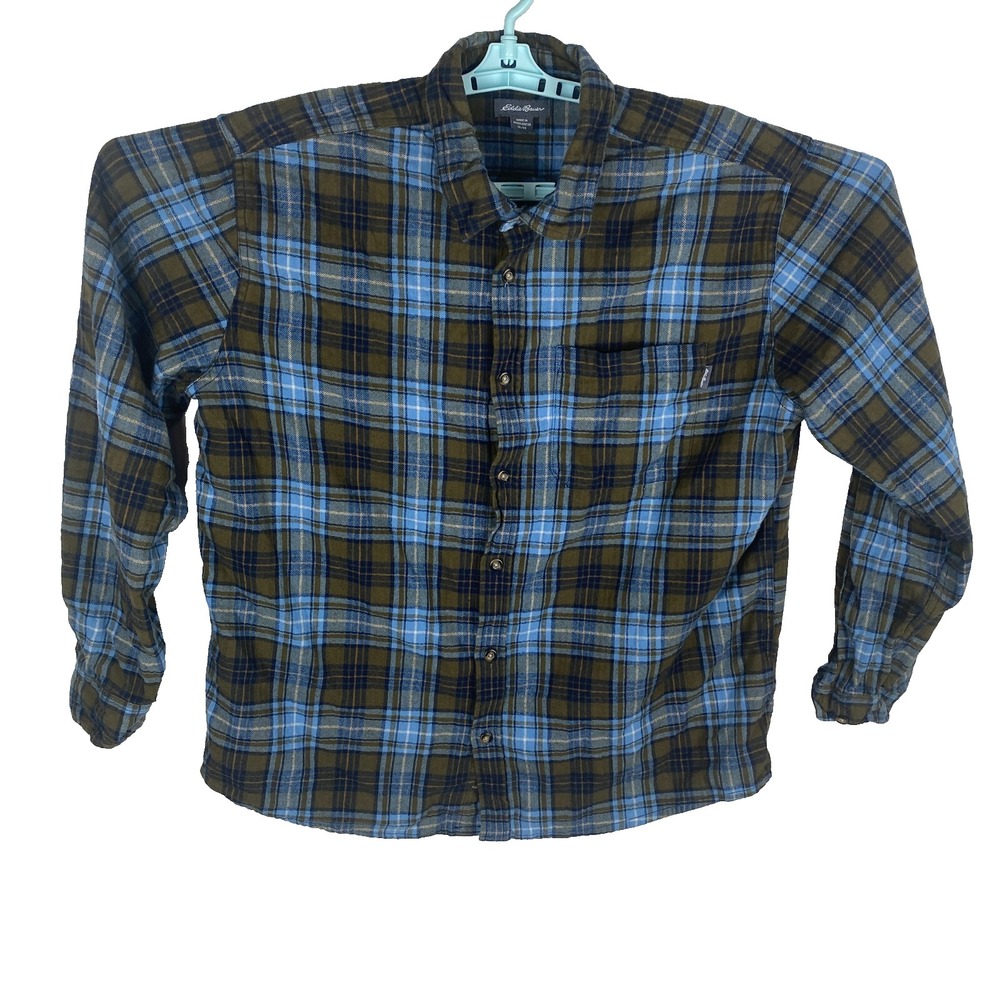 Vintage Eddie Bauer Men Blue Plaid Flannel Long Sleeve Button Down Shirt Size XL